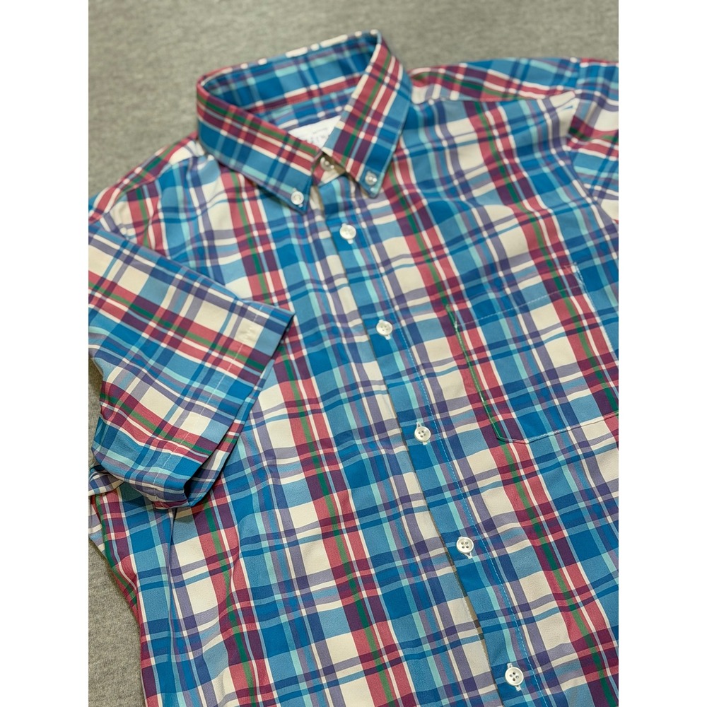 Mizzen+Main Mens Trim Fit Plaid Short Sleeve Performance Button Down Shirt BlueL